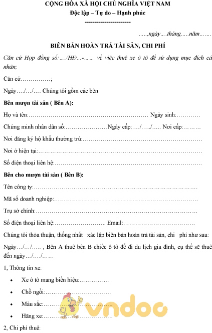 Mẫu biên bản hoàn trả tài sản