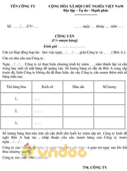 Mẫu công văn mượn hàng hóa