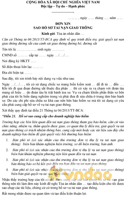 Mẫu đơn xin sao hồ sơ tai nạn giao thông