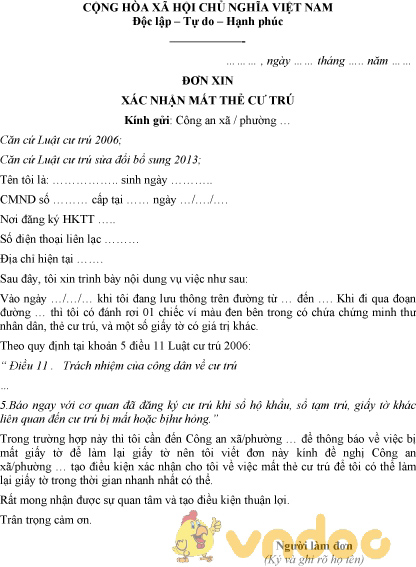 Mẫu đơn xin xác nhận mất thẻ cư trú