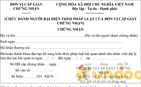 Mẫu giấy chứng nhận hoàn thành khóa đào tạo bổ sung kiến thức pháp luật hải quan