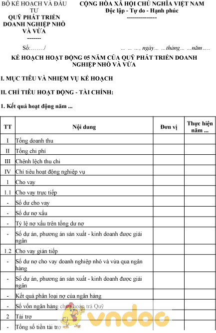 Mẫu kế hoạch hoạt động 5 năm của quỹ phát triển doanh nghiệp nhỏ và vừa