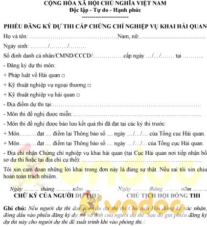 Mẫu phiếu đăng ký dự thi cấp chứng chỉ nghiệp vụ khai hải quan