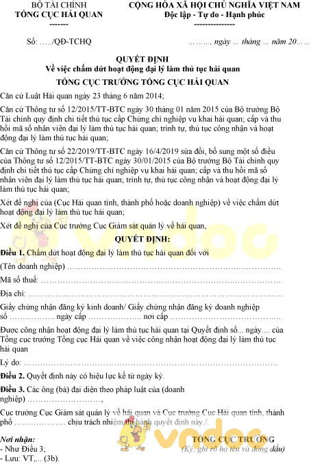 Mẫu quyết định chấm dứt hoạt động đại lý làm thủ tục hải quan