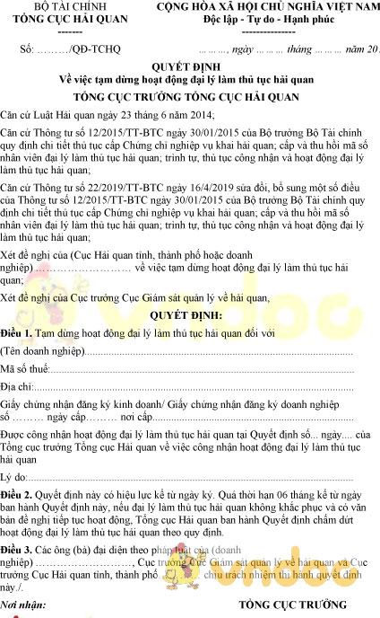 Mẫu quyết định tạm dừng hoạt động đại lý làm thủ tục hải quan