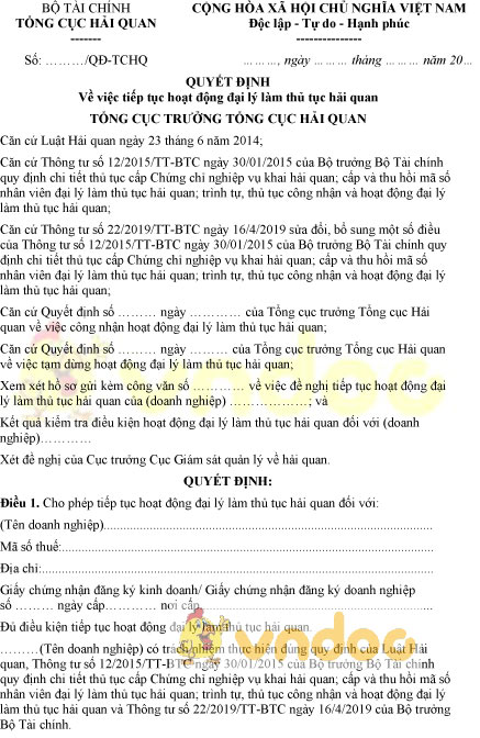 Mẫu quyết định tiếp tục hoạt động đại lý làm thủ tục hải quan
