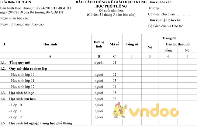Biểu 04b-THPT-CN: Báo cáo thống kê giáo dục trung học phổ thông cuối năm