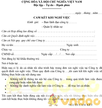 Mẫu cam kết khi nghỉ việc