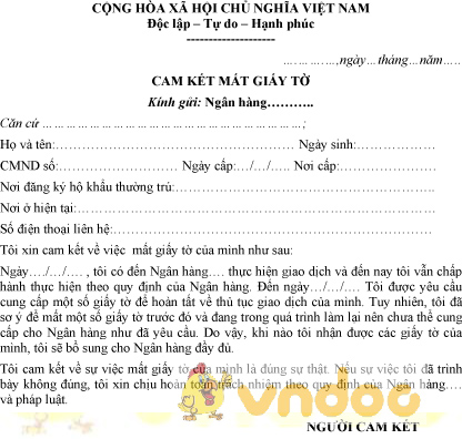 Mẫu cam kết mất giấy tờ