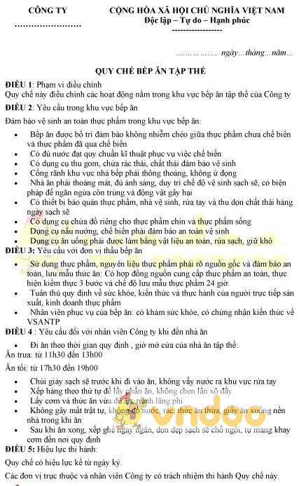 Mẫu quy chế bếp ăn tập thể