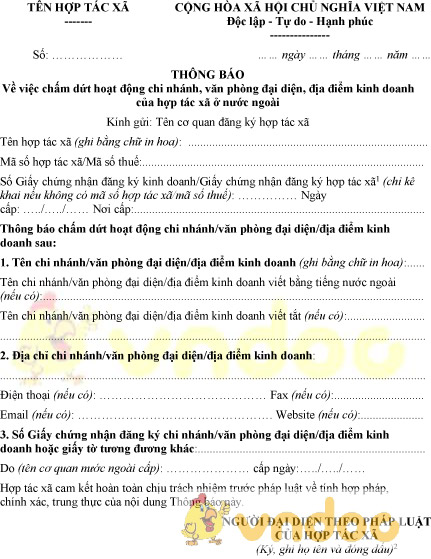 Mẫu thông báo chấm dứt hoạt động chi nhánh, văn phòng đại diện hợp tác xã ở nước ngoài