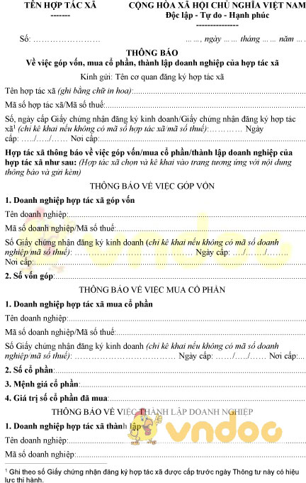 Mẫu thông báo góp vốn, mua cổ phần, thành lập doanh nghiệp của hợp tác xã