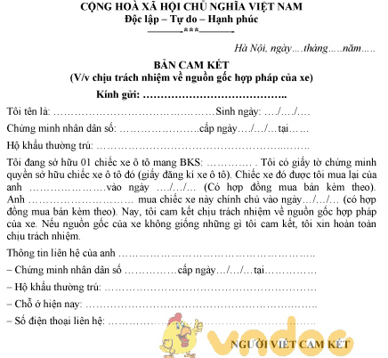 Mẫu cam kết chịu trách nhiệm về nguồn gốc hợp pháp của xe