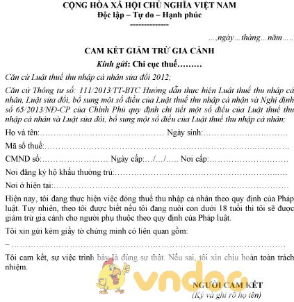 Mẫu cam kết giảm trừ gia cảnh