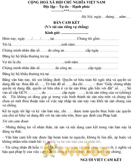 Mẫu cam kết tài sản riêng của vợ chồng