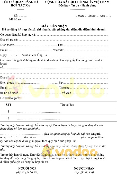Mẫu giấy biên nhận hồ sơ đăng ký hợp tác xã