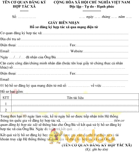 Mẫu giấy biên nhận hồ sơ đăng ký hợp tác xã qua mạng điện tử