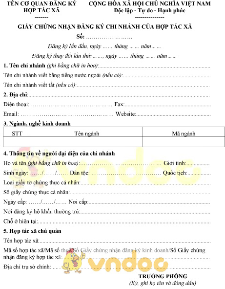 Mẫu giấy chứng nhận đăng ký chi nhánh của hợp tác xã