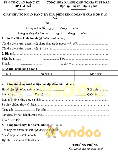 Mẫu giấy chứng nhận đăng ký địa điểm kinh doanh của hợp tác xã