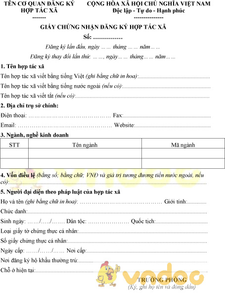 Mẫu giấy chứng nhận đăng ký hợp tác xã