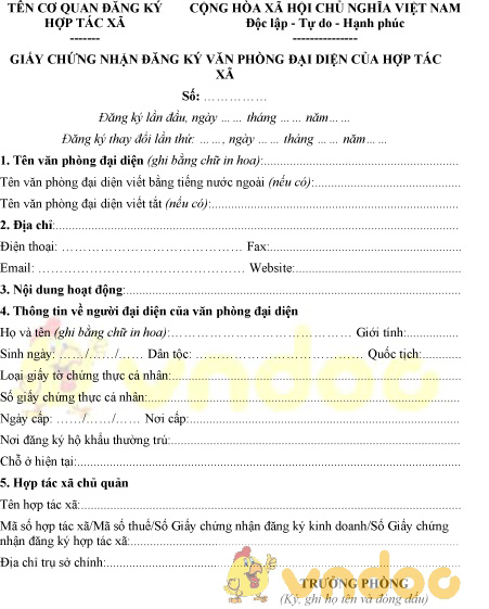 Mẫu giấy chứng nhận đăng ký văn phòng đại diện của hợp tác xã