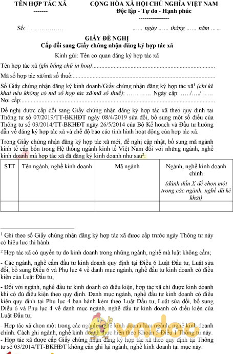 Mẫu giấy đề nghị cấp đổi sang giấy chứng nhận đăng ký hợp tác xã