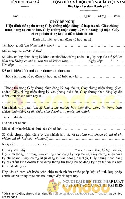 Mẫu giấy đề nghị hiệu đính thông tin trong GCN đăng ký hợp tác xã