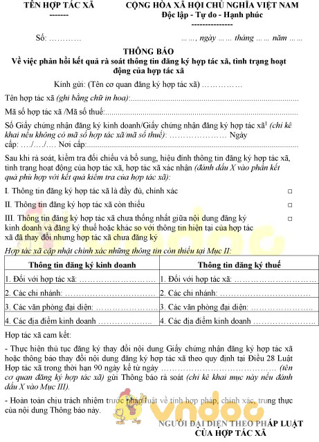 Mẫu thông báo phản hồi kết quả rà soát thông tin đăng ký, tình trạng hoạt động hợp tác xã