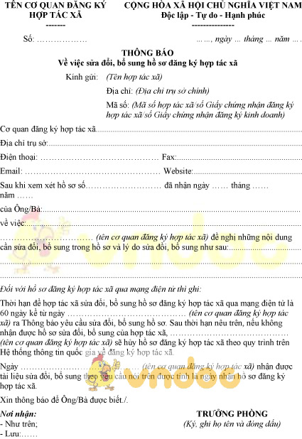 Mẫu thông báo sửa đổi, bổ sung hồ sơ đăng ký hợp tác xã