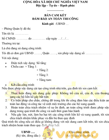 Mẫu cam kết đảm bảo an toàn thi công