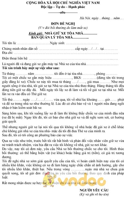 Mẫu đơn đề nghị bồi thường do làm mất xe