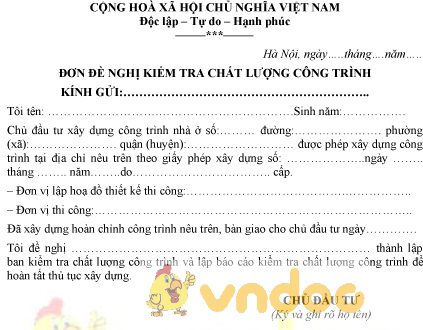 Mẫu đơn đề nghị kiểm tra chất lượng công trình