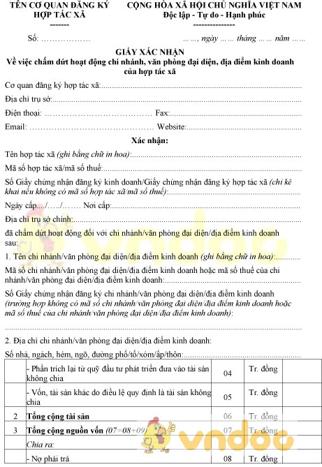 Mẫu giấy xác nhận chấm dứt hoạt động chi nhánh, văn phòng đại diện của hợp tác xã