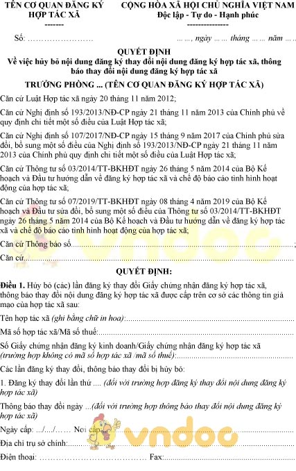 Mẫu quyết định hủy bỏ nội dung đăng ký thay đổi nội dung đăng ký hợp tác xã