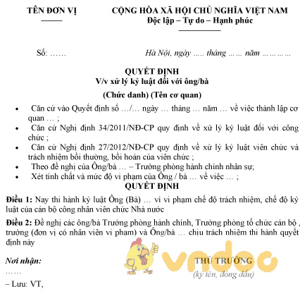 Mẫu quyết định kỷ luật cán bộ