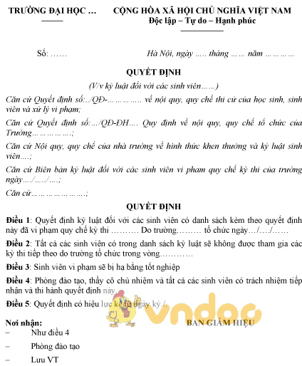 Mẫu quyết định kỷ luật sinh viên