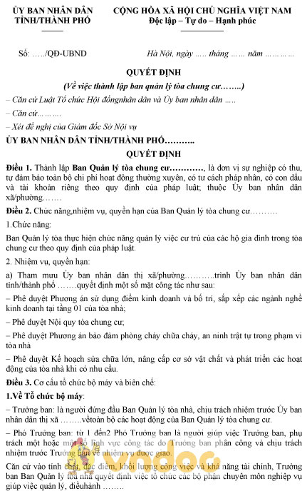 Mẫu quyết định thành lập ban quản lý tòa nhà chung cư