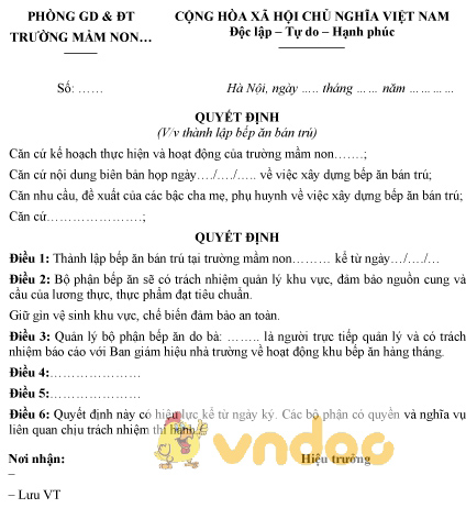 Mẫu quyết định thành lập bếp ăn bán trú