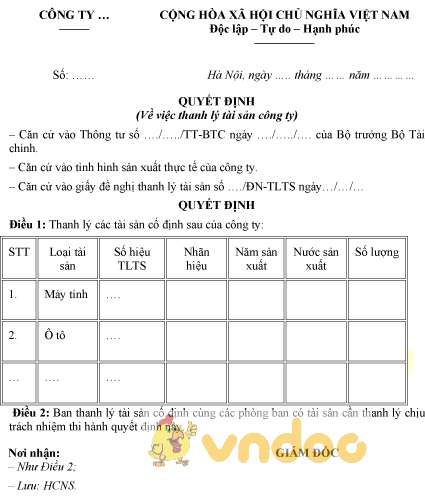 Mẫu quyết định thanh lý tài sản
