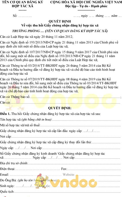 Mẫu quyết định thu hồi giấy chứng nhận đăng ký hợp tác xã