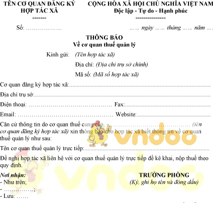 Mẫu thông báo cơ quan thuế quản lý hợp tác xã
