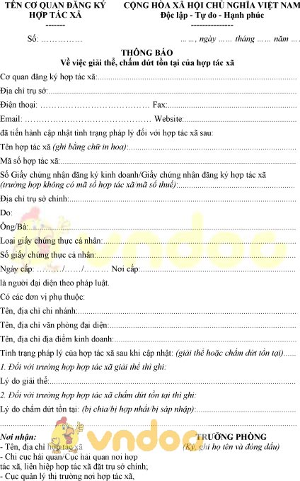 Mẫu thông báo giải thể, chấm dứt tồn tại của hợp tác xã