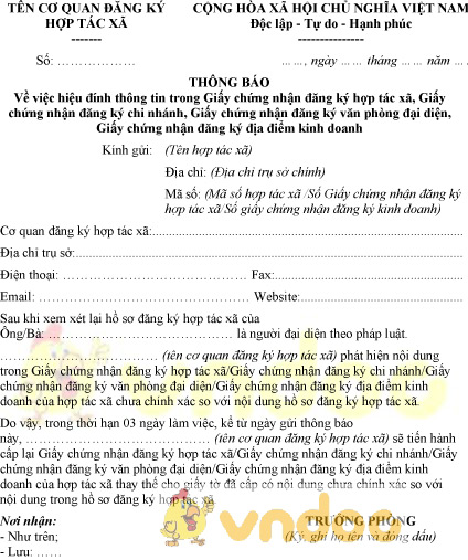 Mẫu thông báo hiệu đính thông tin trong GCN đăng ký hợp tác xã