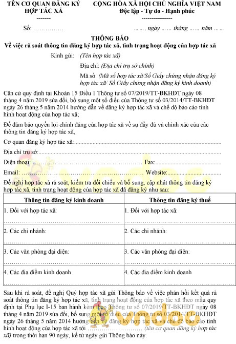 Mẫu thông báo rà soát thông tin đăng ký, tình trạng hoạt động của hợp tác xã