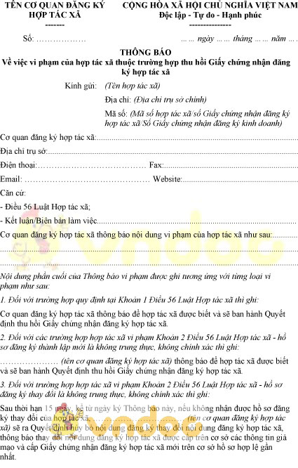 Mẫu thông báo vi phạm của hợp tác xã