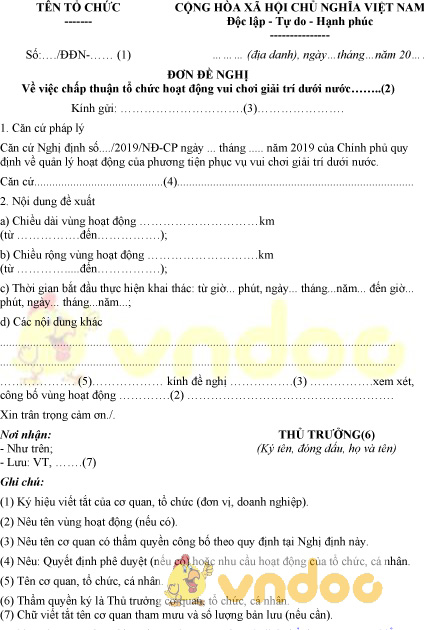 Mẫu đơn đề nghị chấp thuận tổ chức hoạt động vui chơi giải trí dưới nước