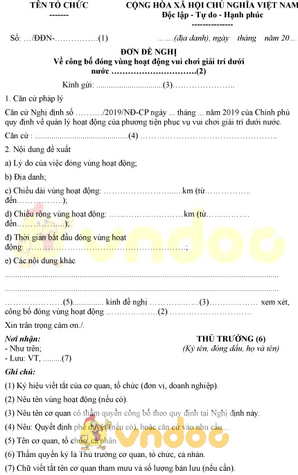 Mẫu đơn đề nghị công bố đóng vùng hoạt động vui chơi giải trí dưới nước