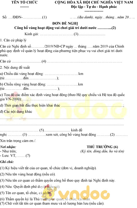 Mẫu đơn đề nghị công bố vùng hoạt động vui chơi giải trí dưới nước