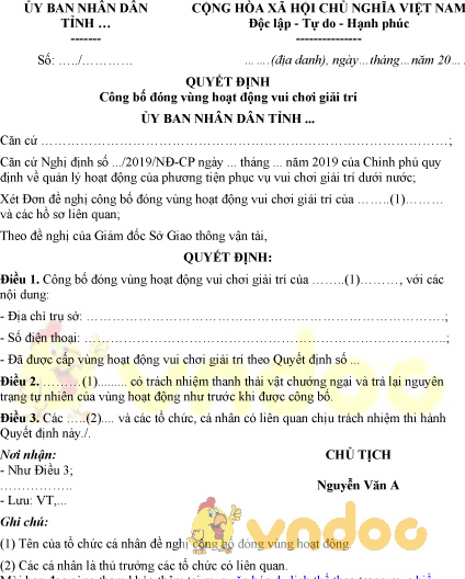 Mẫu đơn quyết định công bố đóng vùng hoạt động vui chơi giải trí