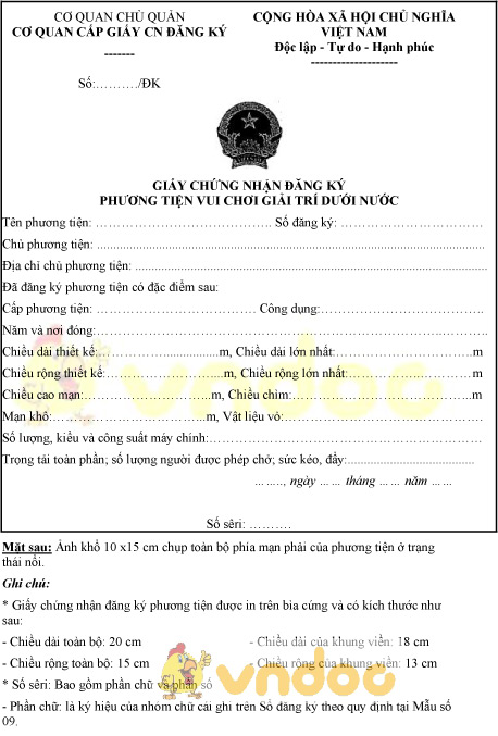 Mẫu giấy chứng nhận đăng ký phương tiện vui chơi giải trí dưới nước